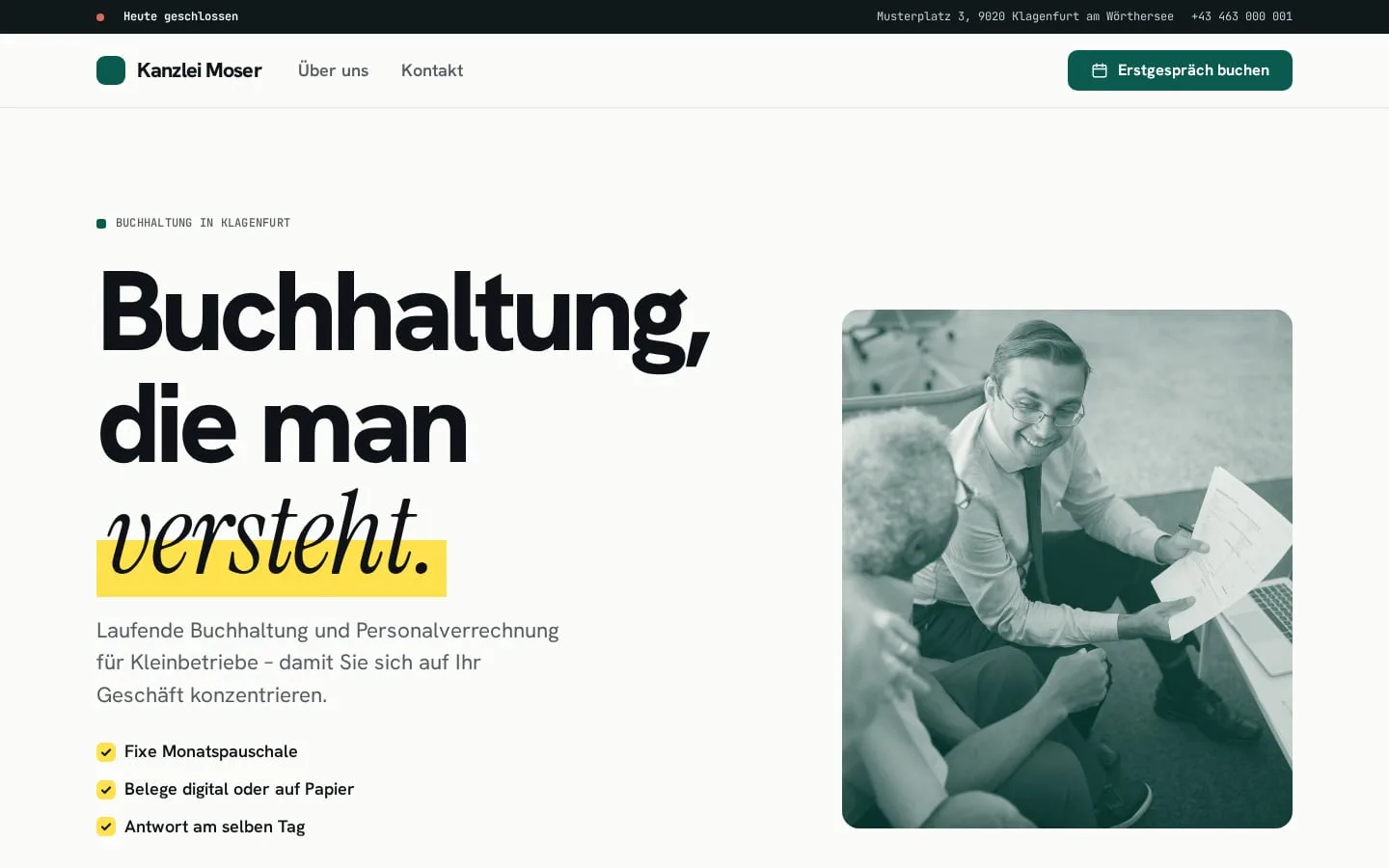 Beispiel-Website Kanzlei Moser im Design Klartext