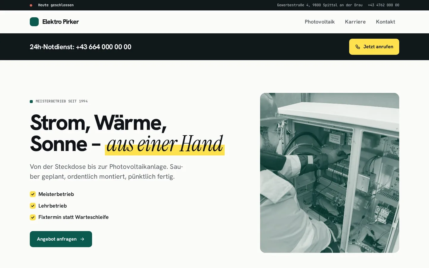 Beispiel-Website Elektro Pirker im Design Klartext