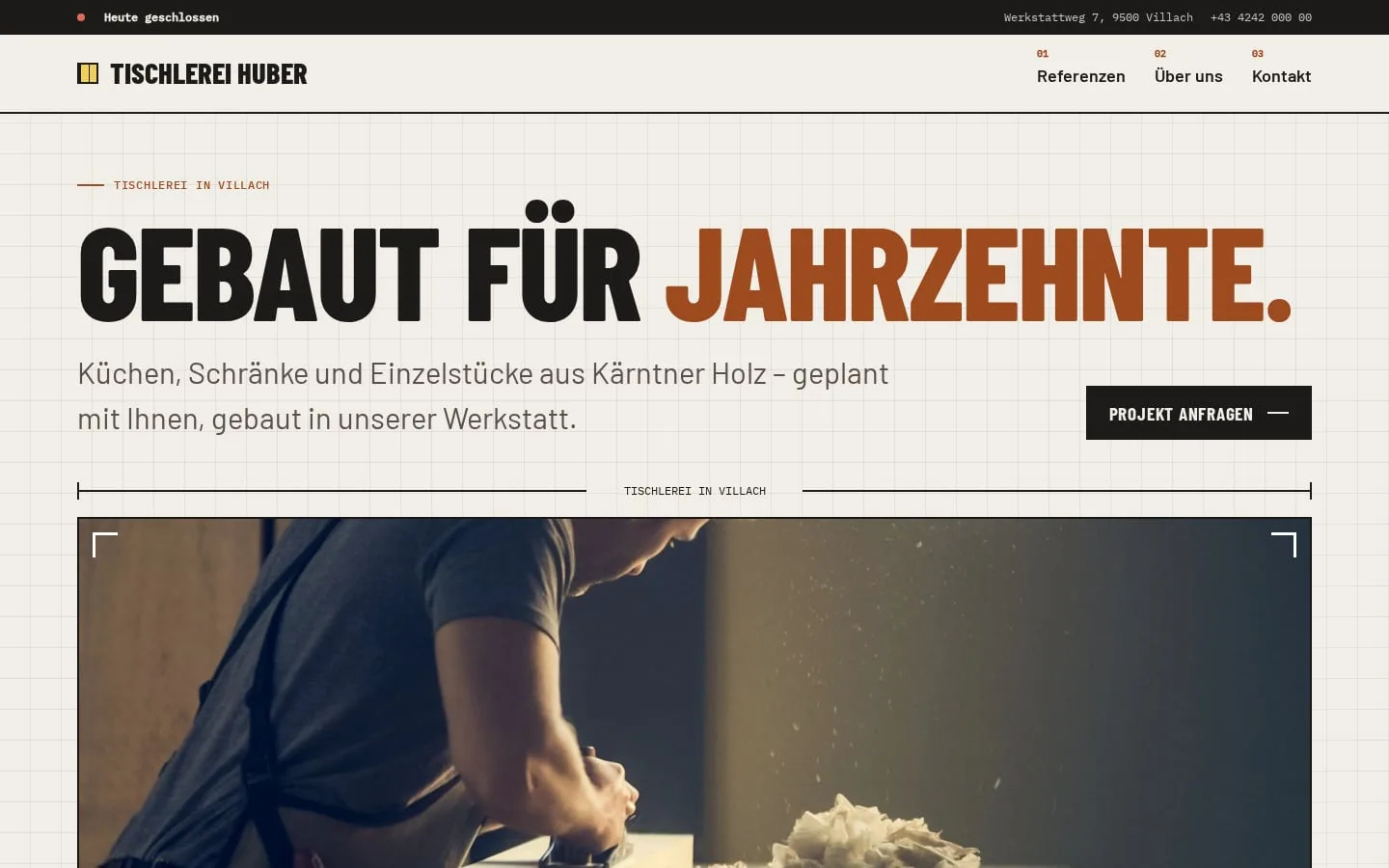 Beispiel-Website Tischlerei Huber im Design Werkzeichnung